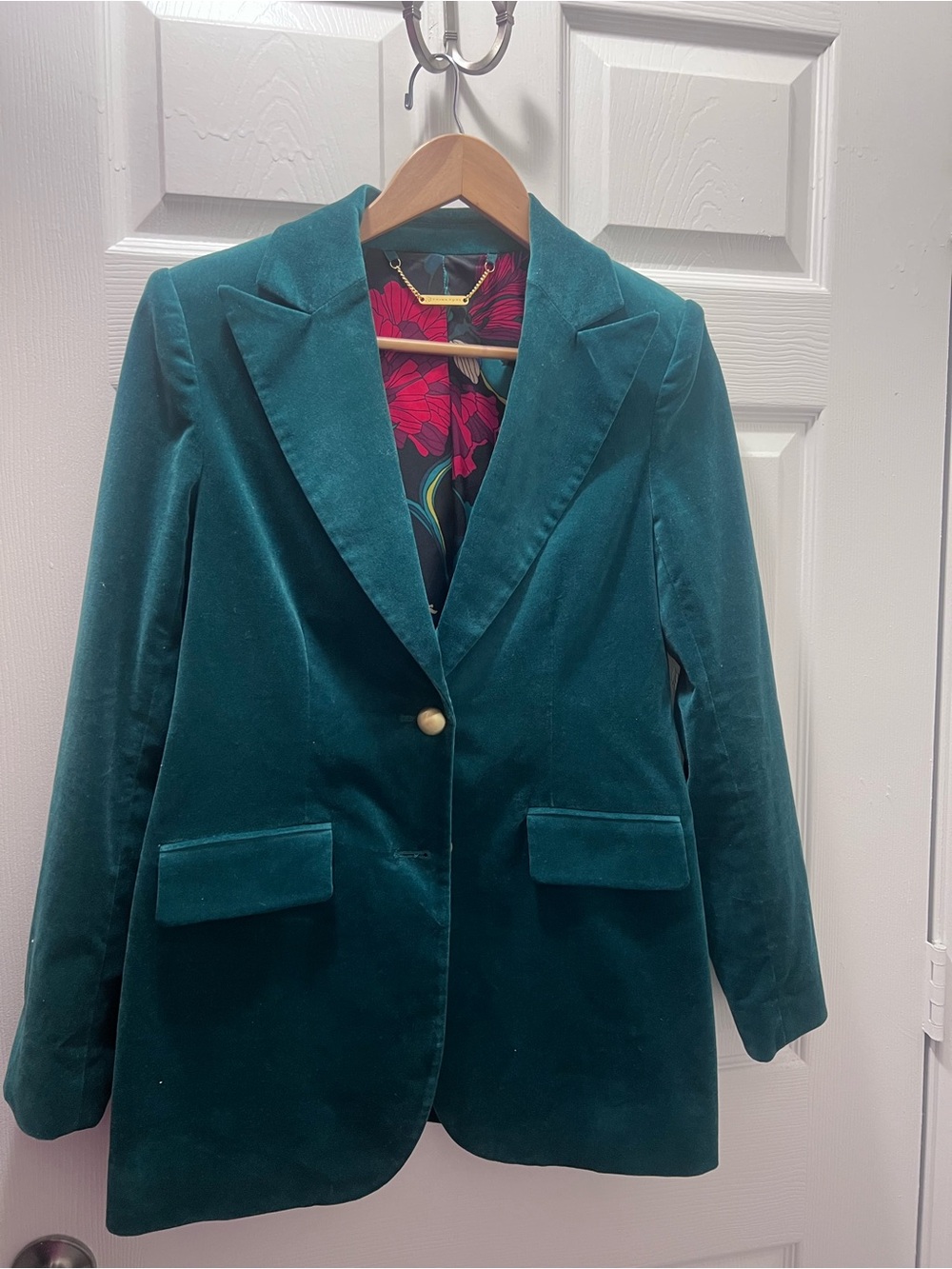 Trina Turk Green Velvet Blazer with Gold Button